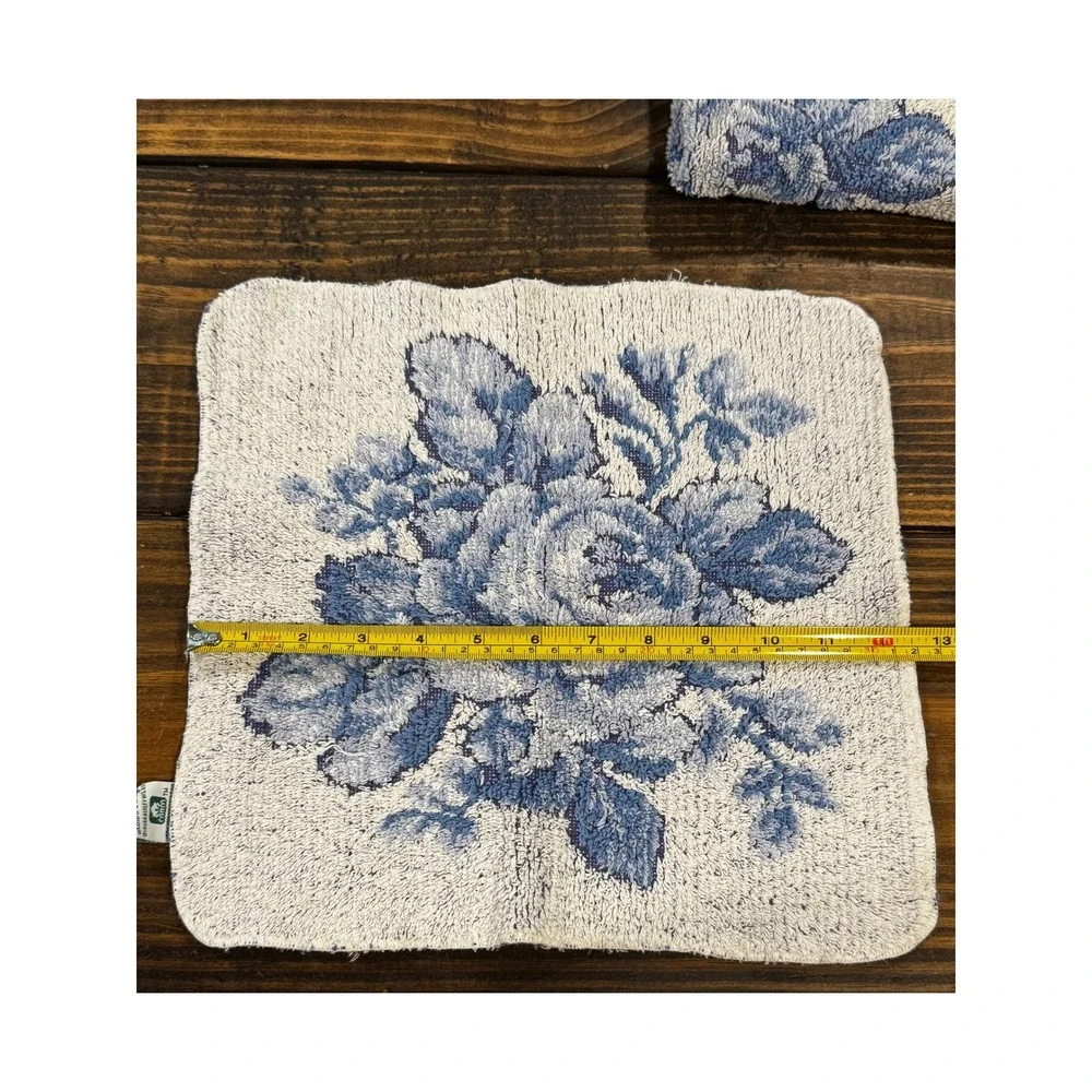Vintage Laura Ashley Blue Floral Rose Washcloths Pair Cottage Shabby Chic Bath